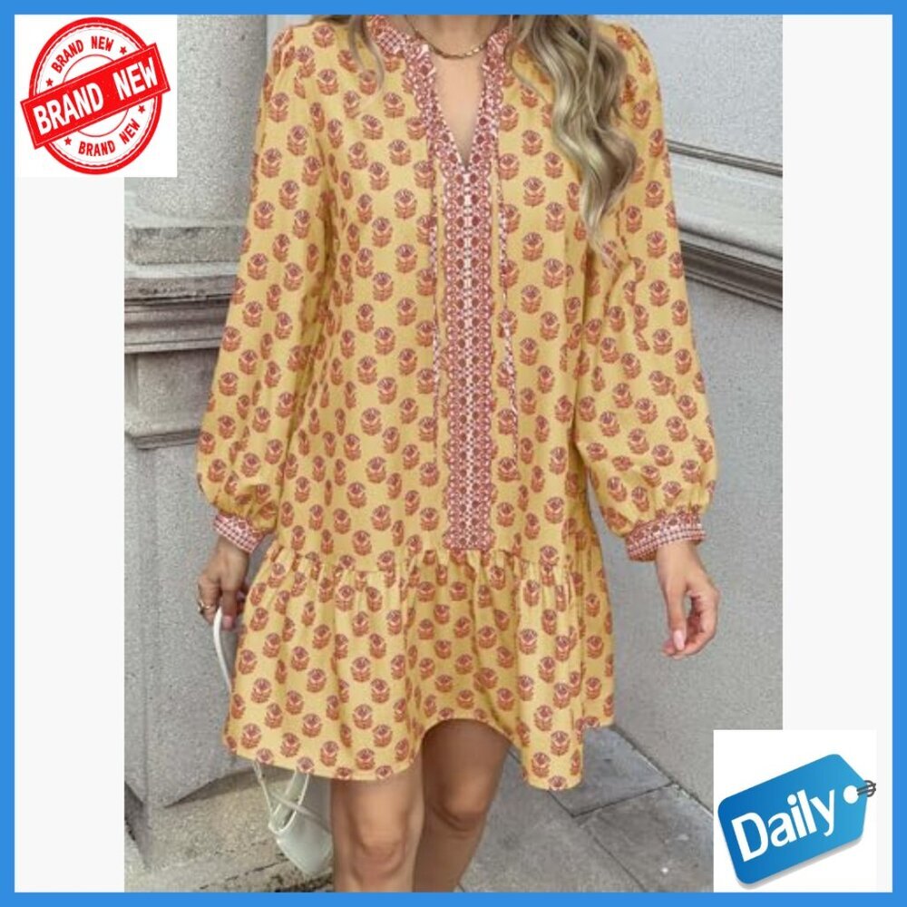 Long Sleeve Mini Dress with Pockets Floral V Neck Loose Fit Boho - Picture 5 of 7